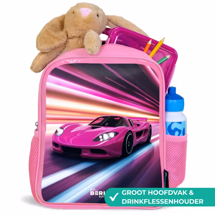 Roze raceauto flitst door neonlicht Kinderrugzak - Roze middel -inhoud_NL