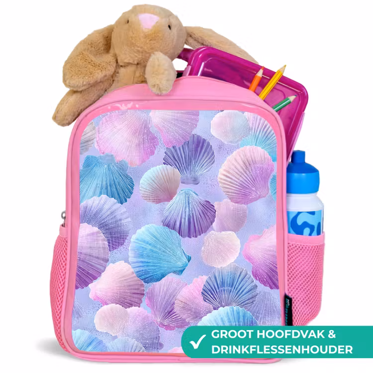 Schelpen - Paars - Blauw - Patroon Kinderrugzak - Roze middel -inhoud_NL