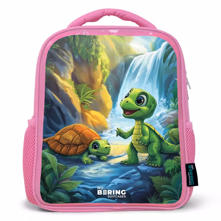 Schildpad en dino bij waterval in tropisch bos Kinderrugzak - Roze middel -3d