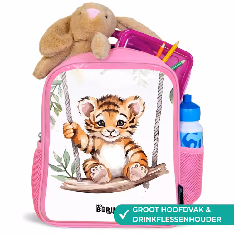 Schommelend tijgerwelpje waterverf tekening Kinderrugzak - Roze middel -inhoud_NL