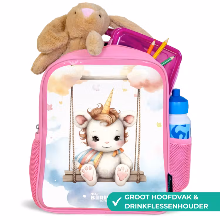 Schommelende baby eenhoorn Kinderrugzak - Roze middel -inhoud_NL