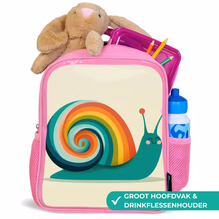 Slak - Regenboogschild - Groen Kinderrugzak - Roze middel -inhoud_NL