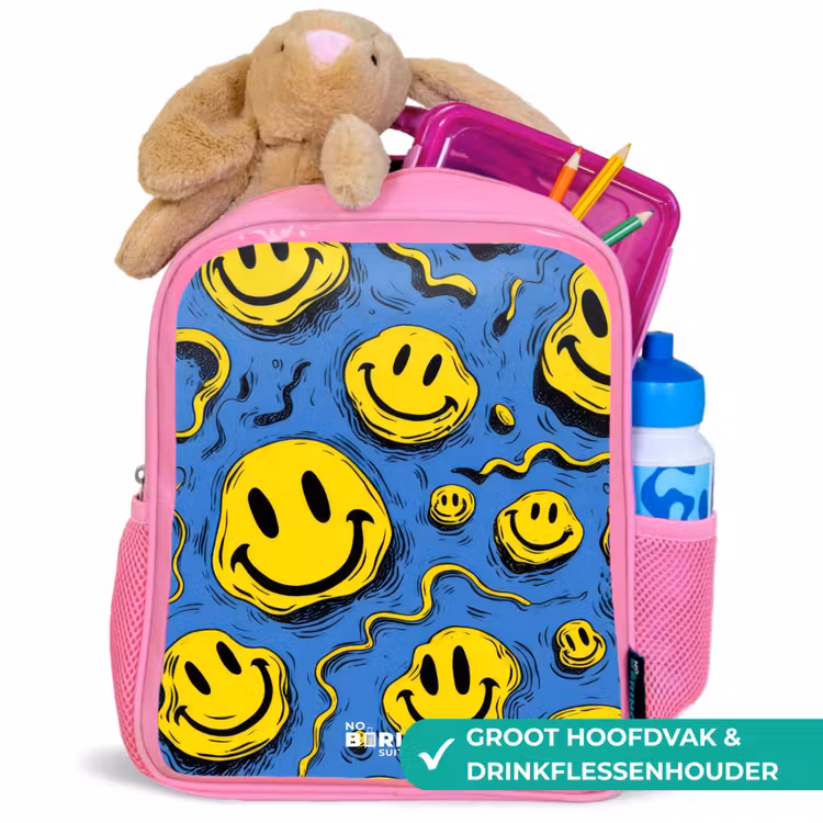 Smiley - Blauw - Geel Kinderrugzak - Roze middel -inhoud_NL