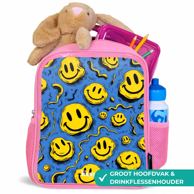 Smiley - Geel - Blauw Kinderrugzak - Roze middel -inhoud_NL