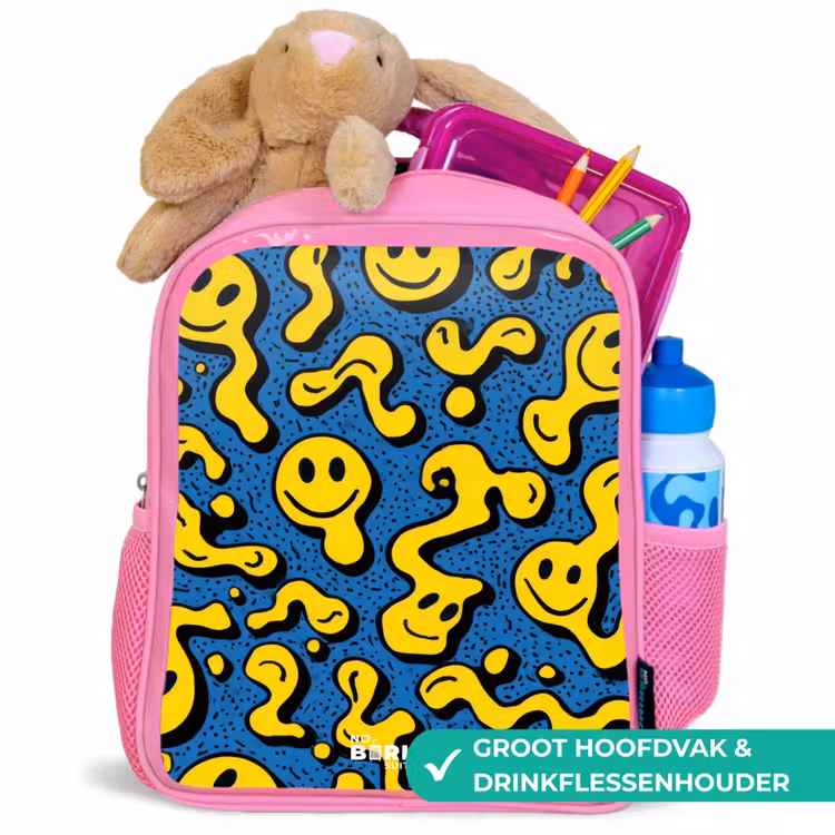 Smiley - Geel - Blauw Kinderrugzak - Roze middel -inhoud_NL