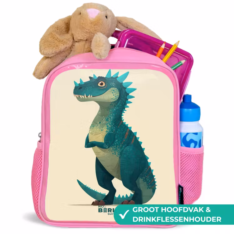 Spiky dino met vriendelijke blik Kinderrugzak - Roze middel -inhoud_NL