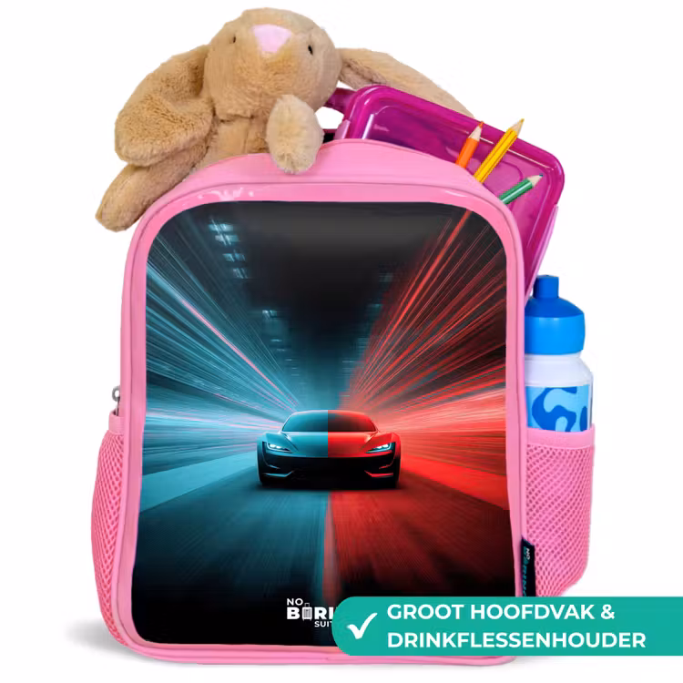 Sportwagen - Lichtstralen - Neon - Blauw Kinderrugzak - Roze middel -inhoud_NL