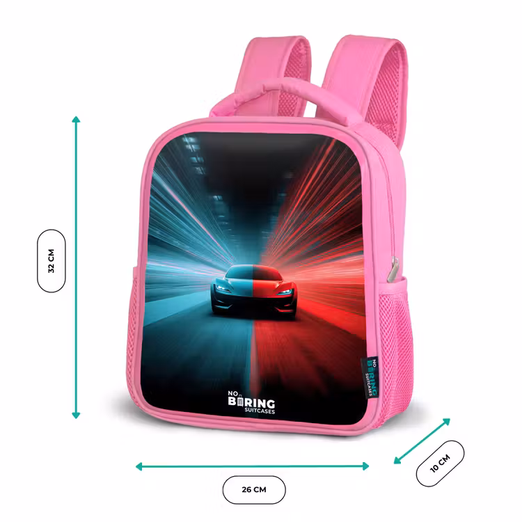 Sportwagen - Lichtstralen - Neon - Blauw Kinderrugzak - Roze middel -productfoto_formaten