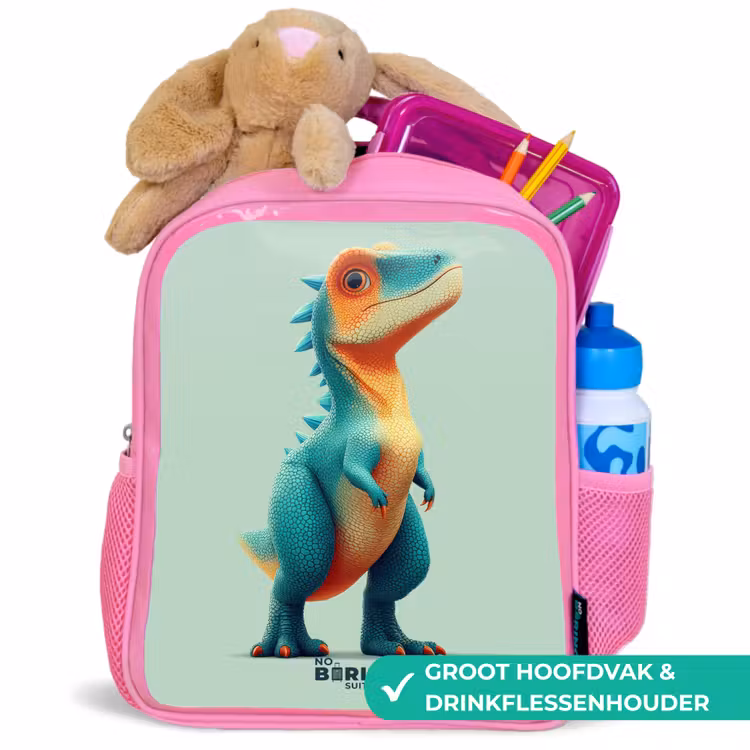 Stoere dino met grote ogen Kinderrugzak - Roze middel -inhoud_NL