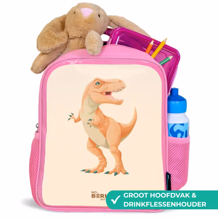 T-rex dino in oranje kleuren Kinderrugzak - Roze middel -inhoud_NL
