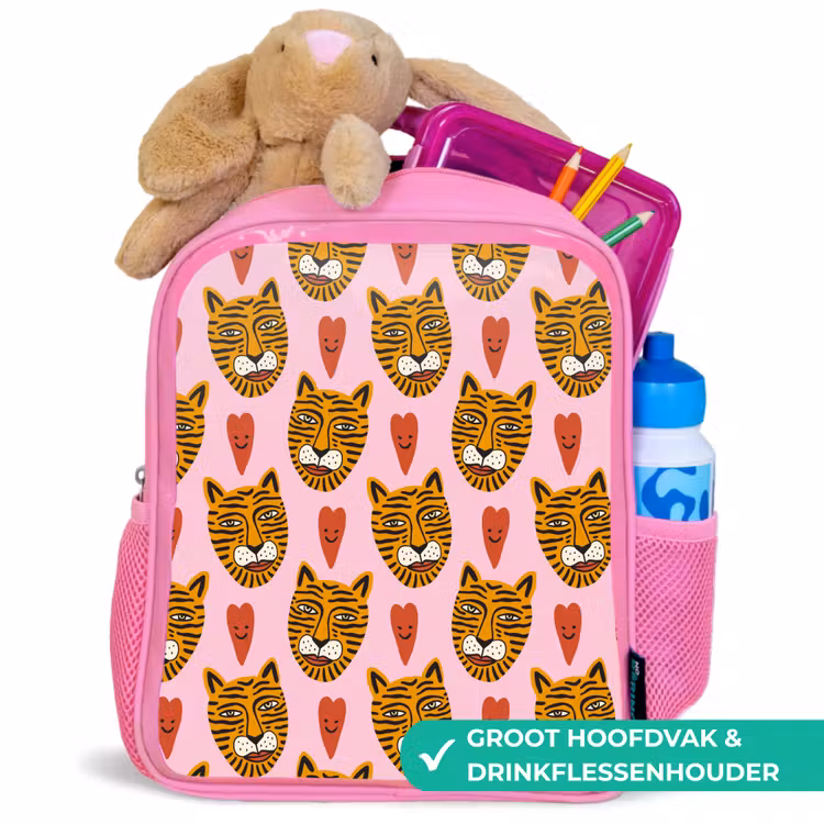 Tijgerkoppen - Hartjes - Roze - Rood Kinderrugzak - Roze middel 863 -inhoud_NL