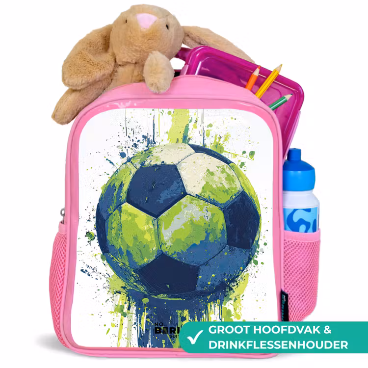 Voetbal - Verf - Groen - Blauw Kinderrugzak - Roze middel -inhoud_NL