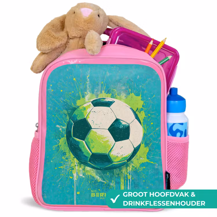 Voetbal - Verfspatten - Groen - Blauw Kinderrugzak - Roze middel -inhoud_NL
