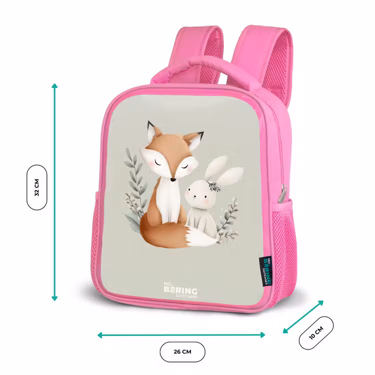 Vos en konijn omringd door groene blaadjes Kinderrugzak - Roze middel -productfoto_formaten