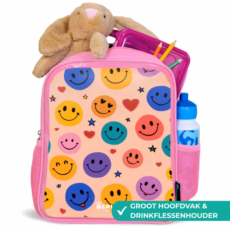 Vrolijk Smiley-patroon Kinderrugzak - Roze middel -inhoud_NL