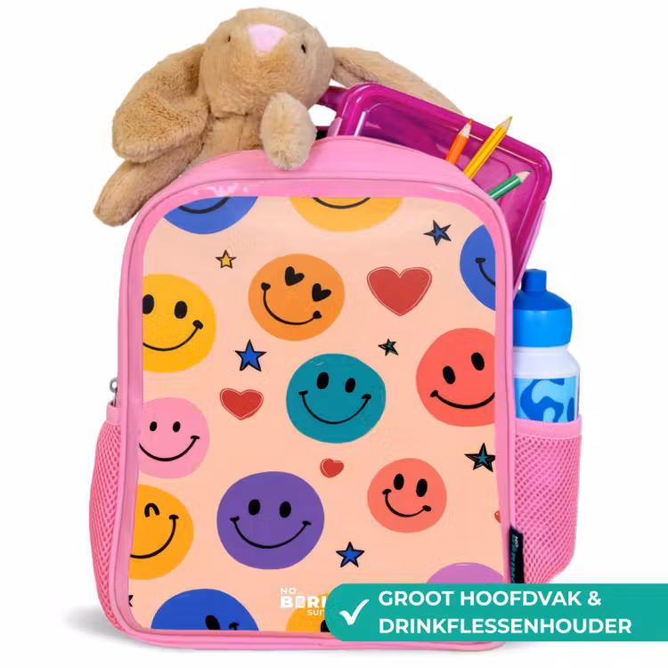 Vrolijk Smiley-patroon Kinderrugzak - Roze middel -inhoud_NL