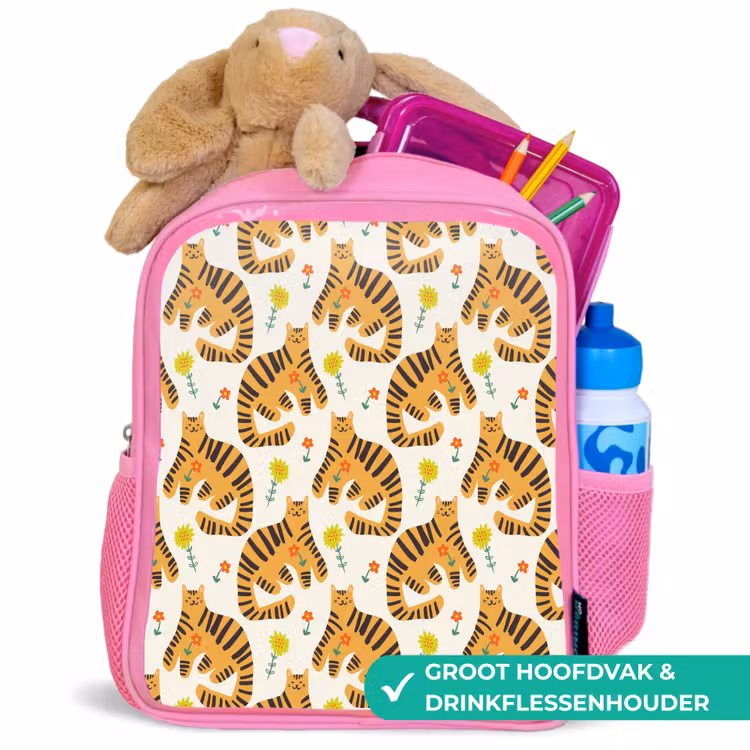Vrolijk - Tijgerkatten - Bloemen Kinderrugzak - Roze middel 863 -inhoud_NL