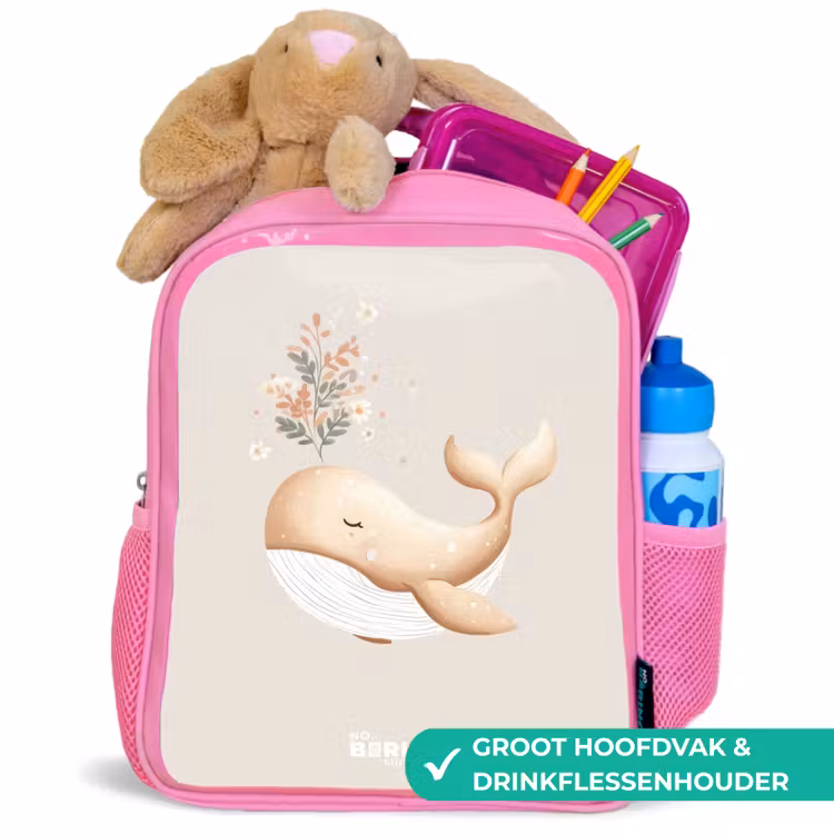 Walvis in pastel beige kleuren Kinderrugzak - Roze middel -inhoud_NL