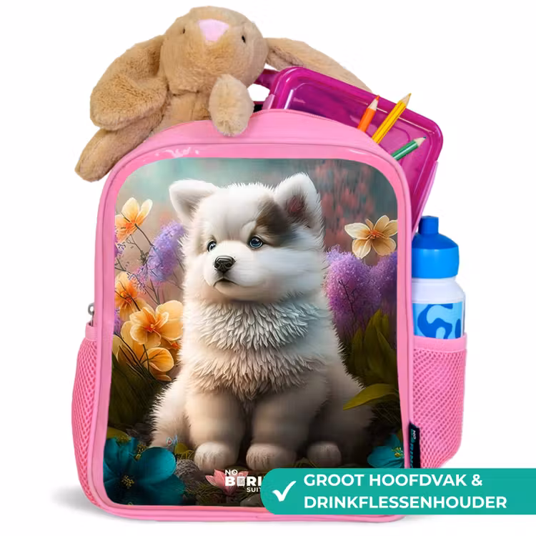 Witte puppy in een bloemenweide Kinderrugzak - Roze middel -inhoud_NL