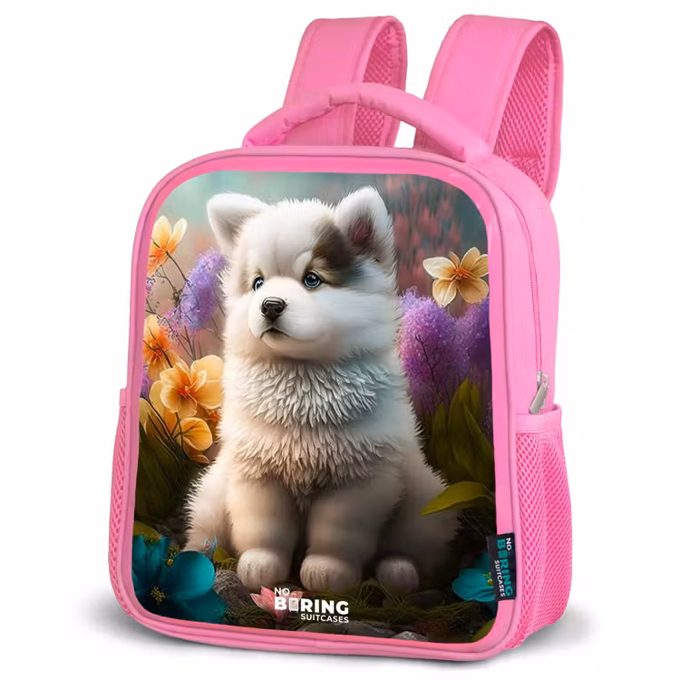 Witte puppy in een bloemenweide Kinderrugzak - Roze middel -schuin