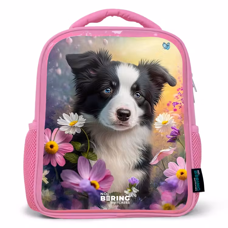 zwart witte puppy tussen kleurrijke bloemen Kinderrugzak - Roze middel -3d