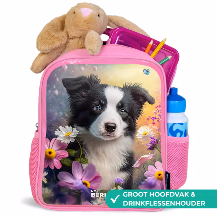 zwart witte puppy tussen kleurrijke bloemen Kinderrugzak - Roze middel -inhoud_NL