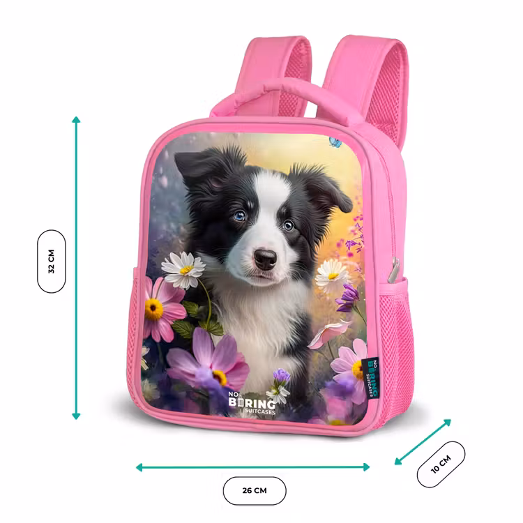 zwart witte puppy tussen kleurrijke bloemen Kinderrugzak - Roze middel -productfoto_formaten