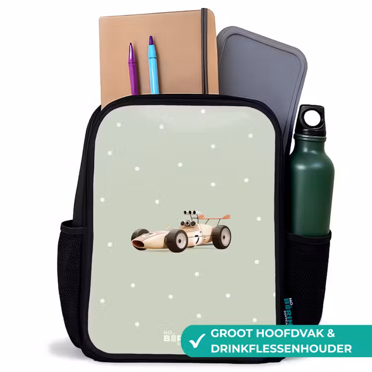 Beige retro raceauto op groene stippen achtergrond Rugzak - Zwart middel -inhoud_NL