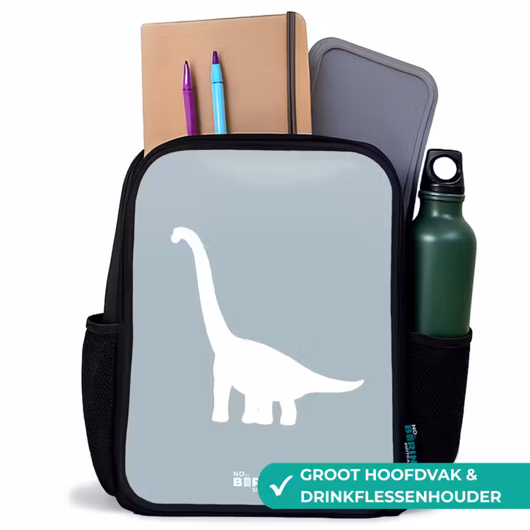 Blauw met Brachiosaurus dino Rugzak - Zwart middel -inhoud_NL
