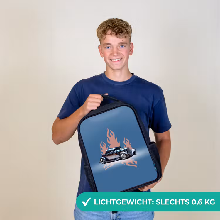 Blauwe auto met roze vlammen Rugzak - Zwart middel -sfeer7_NL