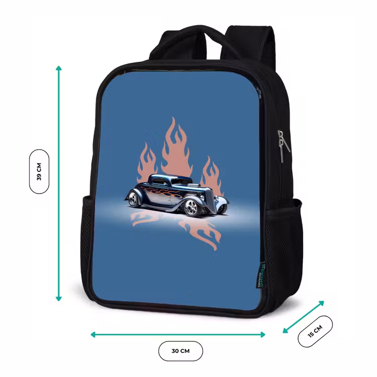 Blauwe auto met roze vlammen Rugzak - Zwart middel -productfoto_formaten