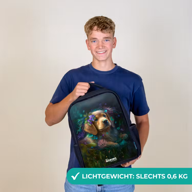 Bruine hond tussen de bloemen Rugzak - Zwart middel -sfeer7_NL