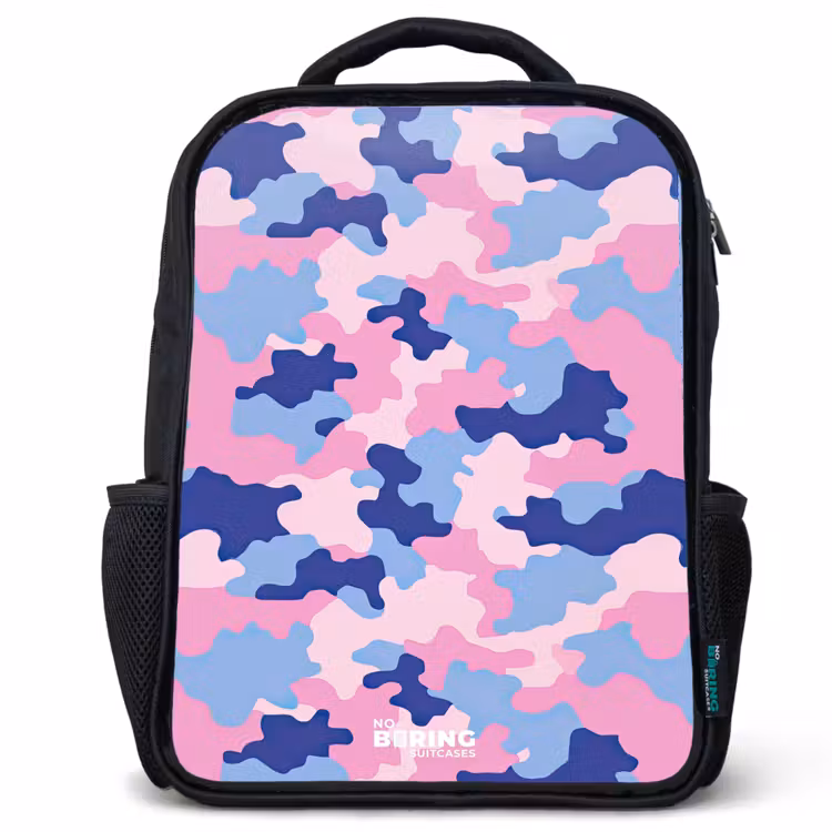 Camouflage - Roze - Blauw Rugzak - Zwart middel -3d