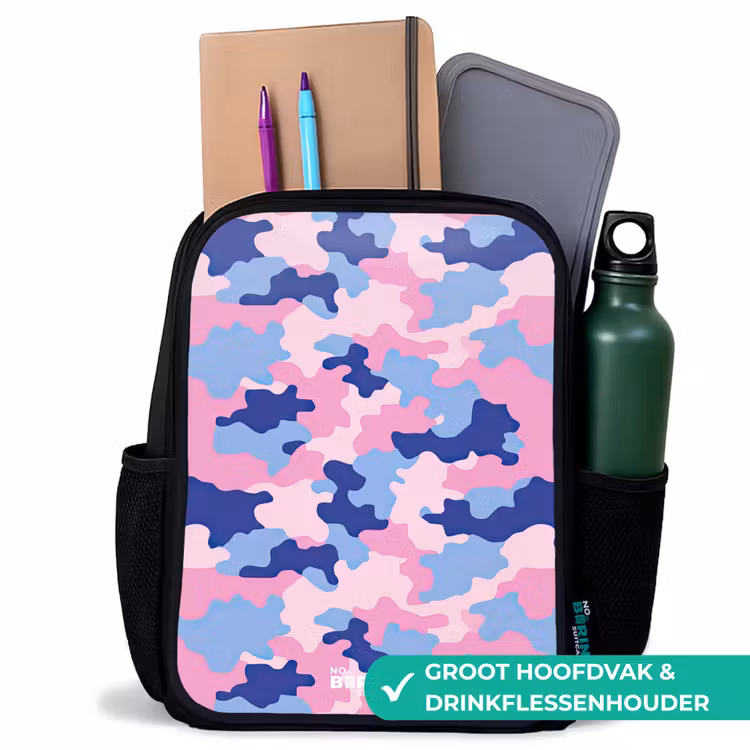 Camouflage - Roze - Blauw Rugzak - Zwart middel -inhoud_NL