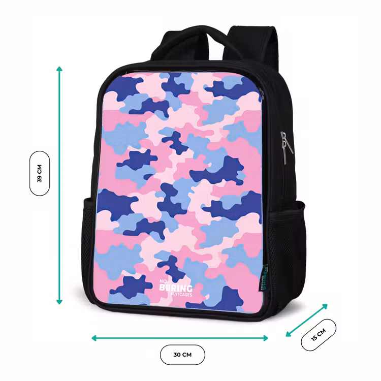 Camouflage - Roze - Blauw Rugzak - Zwart middel -productfoto_formaten