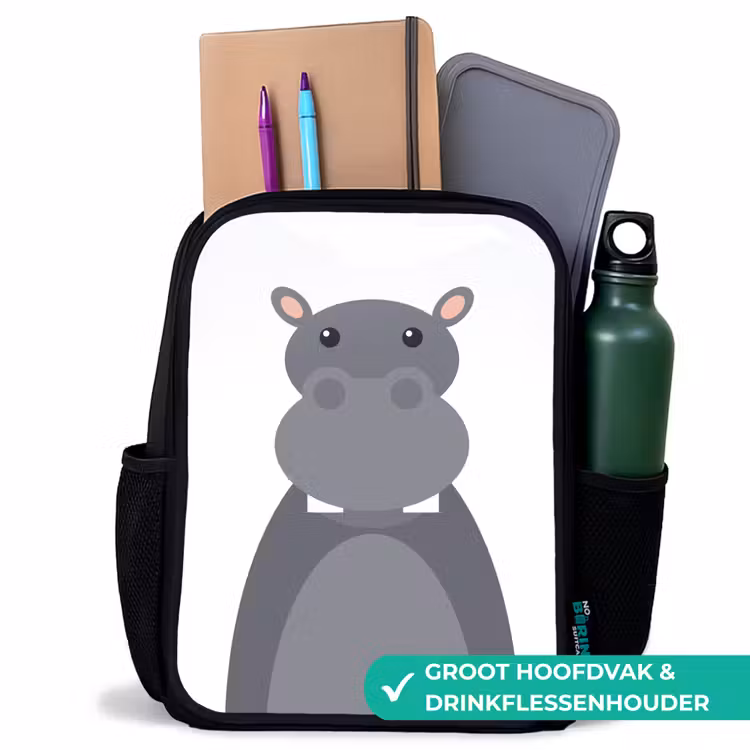 Dierenportret - Nijlpaard - grijs Rugzak - Zwart middel -inhoud_NL