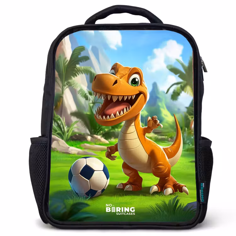 Dino met een voetbal in groen landschap Rugzak - Zwart middel -3d