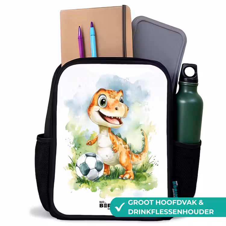 Dino met voetbal in kleurrijk veld Rugzak - Zwart middel -inhoud_NL