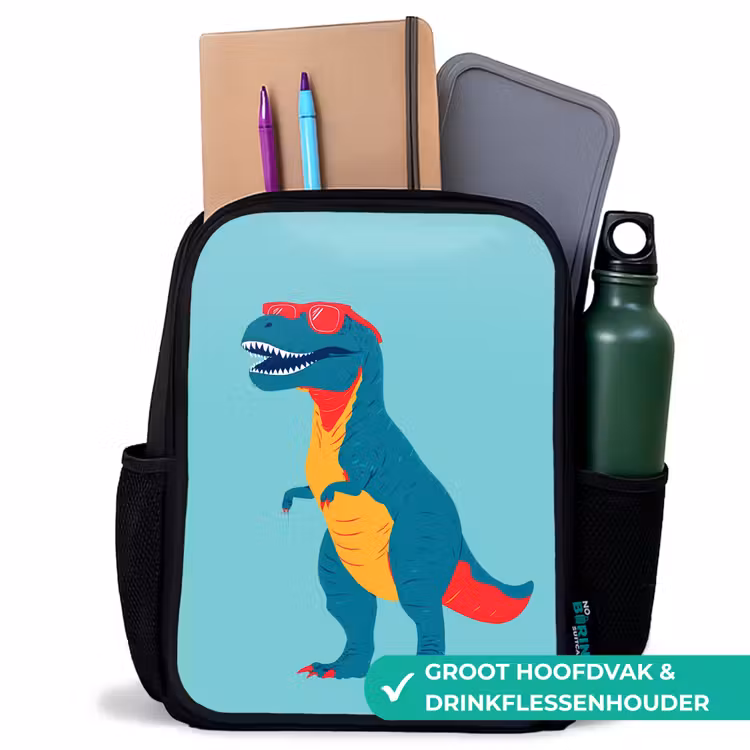 Dinosaurus - Blauw - Zonnebril Rugzak - Zwart middel -inhoud_NL