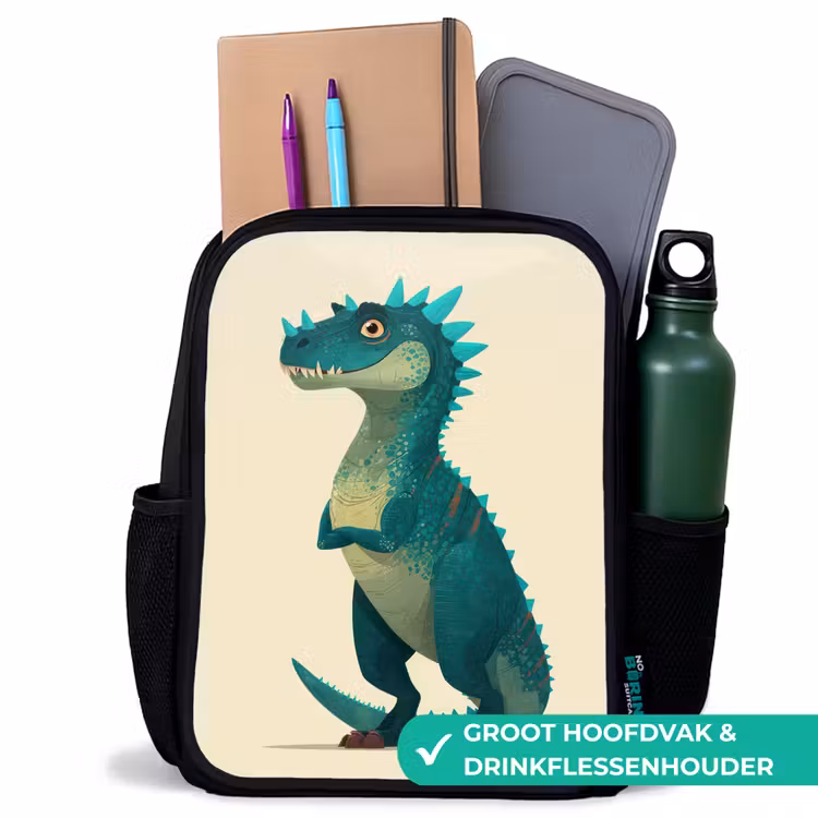 Dinosaurus - Turquoise - Stekels Rugzak - Zwart middel -inhoud_NL