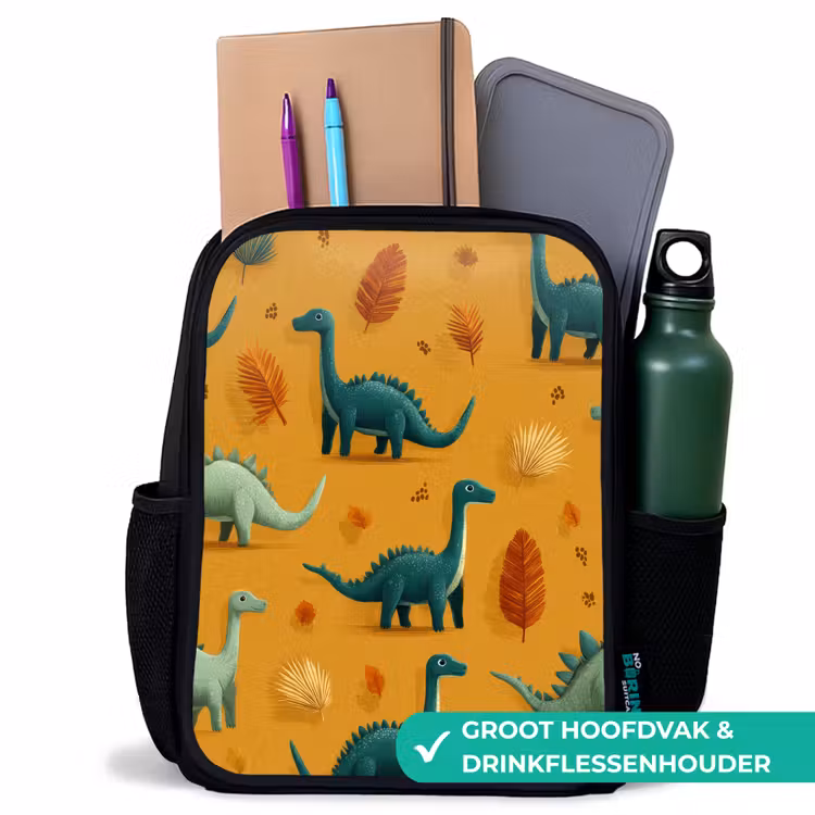 Dinosaurussen - Stekels - Herfstbladeren - Bruin Rugzak - Zwart middel -inhoud_NL