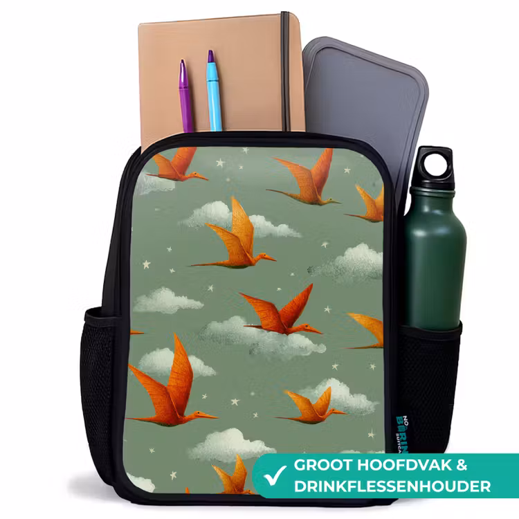 Dinosaurussen - Wolken - Sterren - Oranje Rugzak - Zwart middel -inhoud_NL