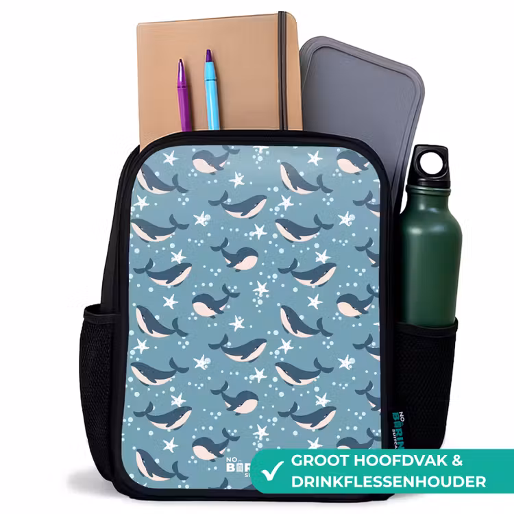 Donkerblauw walvissenpatroon met zeesterren Rugzak - Zwart middel -inhoud_NL