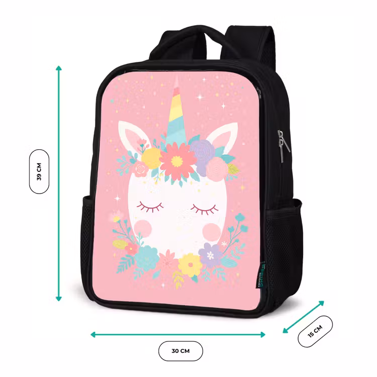 Eenhoorn - Bloemen - Roze Rugzak - Zwart middel -productfoto_formaten