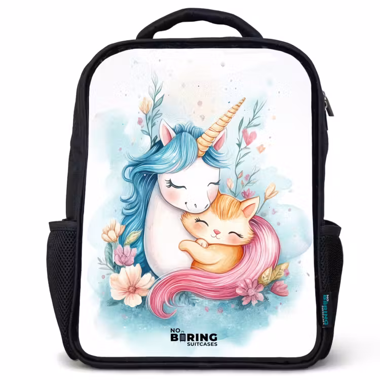 Eenhoorn met blauwe manen en oranje kitten Rugzak - Zwart middel -3d