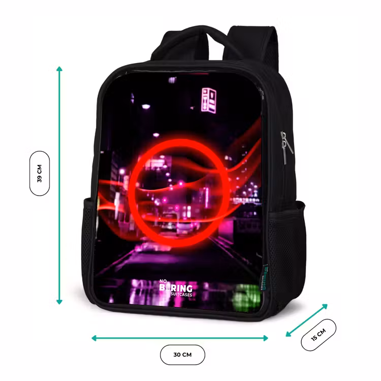Felrode cirkel boven een neonverlichte stad Rugzak - Zwart middel -productfoto_formaten