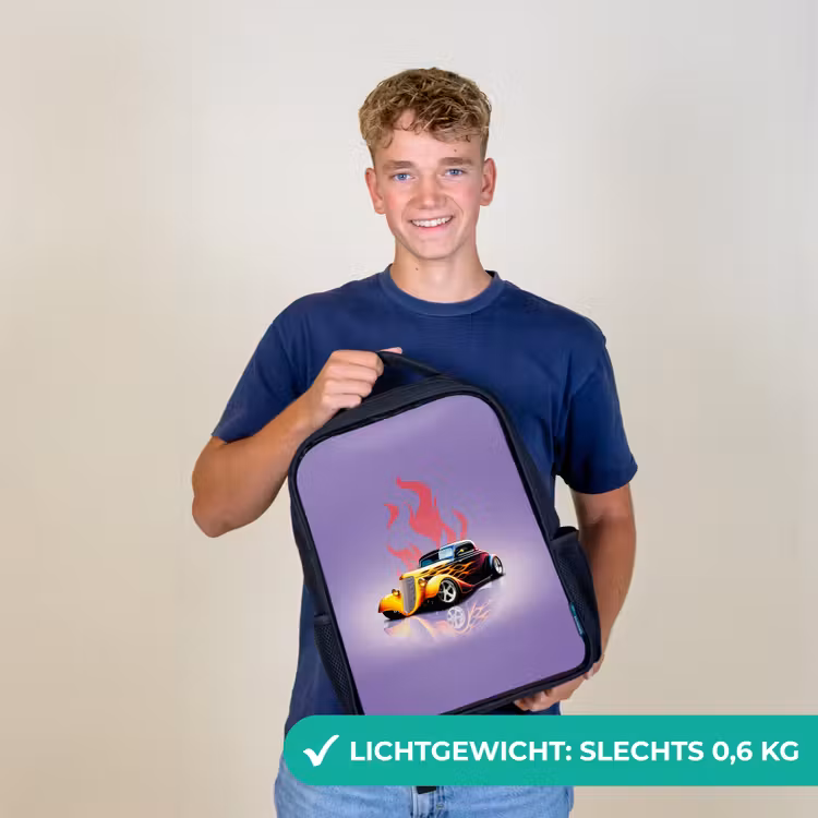 Gele auto met roze vlammen Rugzak - Zwart middel -sfeer7_NL