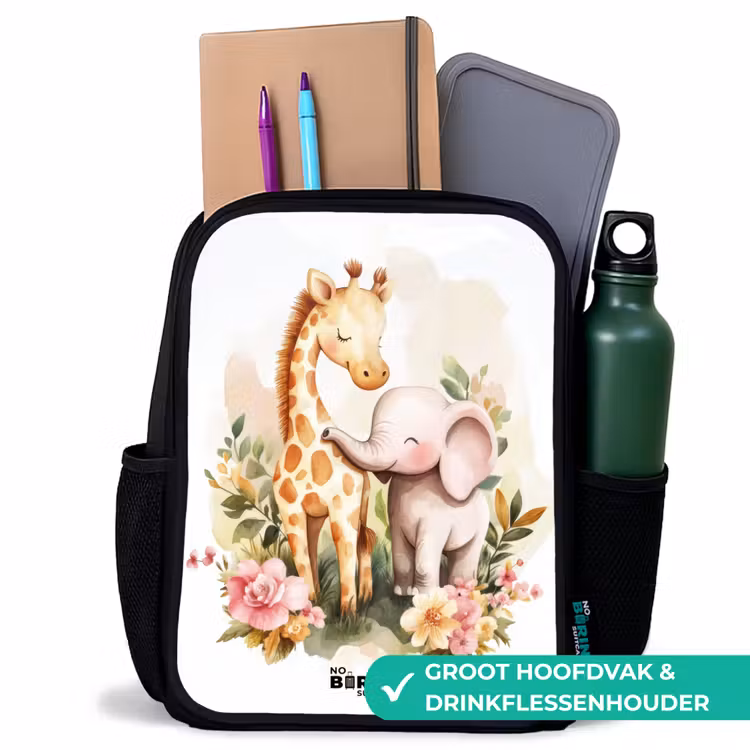Giraffe en olifant tussen bloemen op witte achtergrond Rugzak - Zwart middel -inhoud_NL