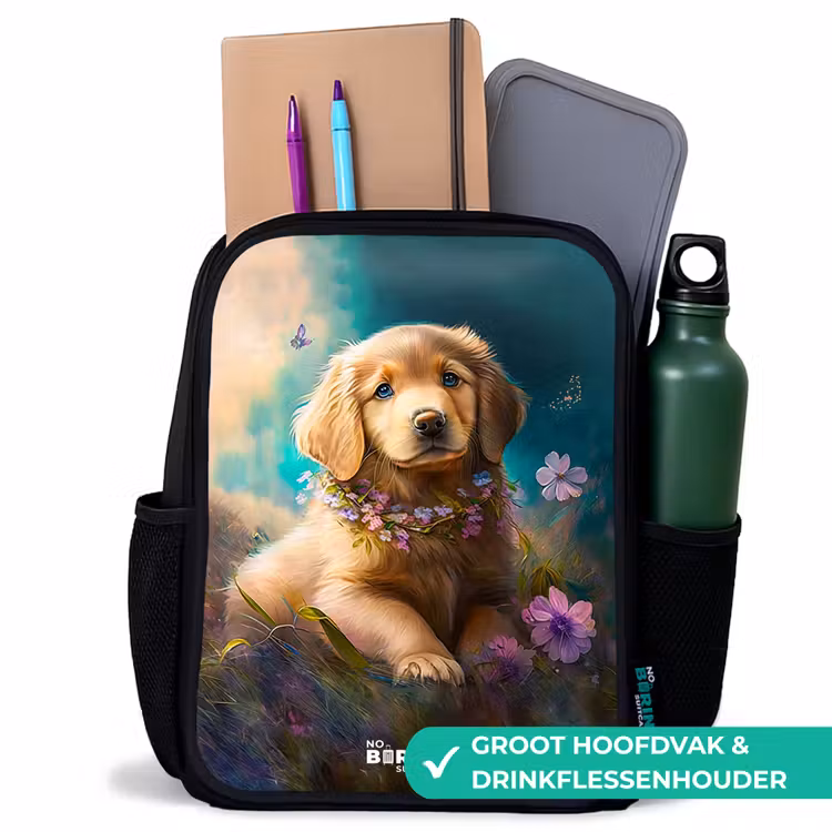 Goudkleurige puppy in het gras Rugzak - Zwart middel -inhoud_NL