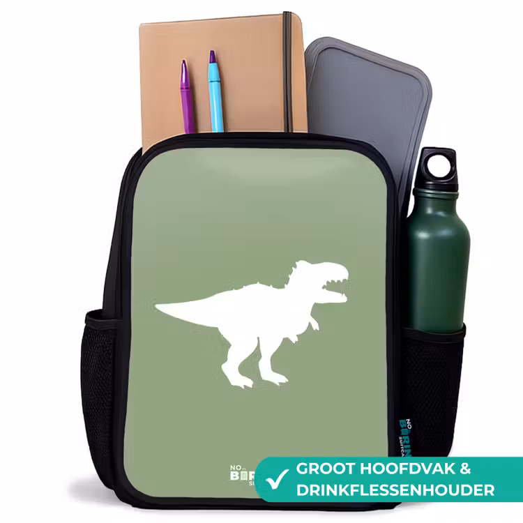 Groen met T-rex dino Rugzak - Zwart middel -inhoud_NL